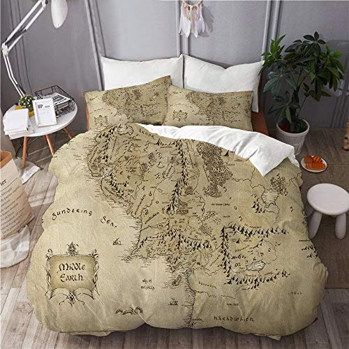 BEITUOLA Set Biancheria da Letto,Set Copripiumino in Microfibra con Federa,mappa della terra di mezzo,1 Copripiumino 220 x 240cm + 2 federe 50 x 80cm