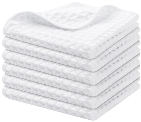 Homaxy Microfiber Waffle Weave Kitchen Dish Cloths, 12 x 12 Inch Ultra Absorbent and Solid Color Dish Towels for Kitchen Fast Drying Dishcloth for Washing Dishes, 6 Pack, White