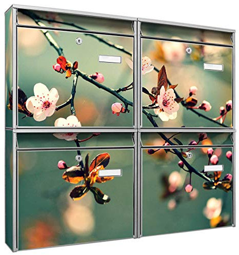 banjado Briefkastenanlage 4 Fach - Postkästen groß - verzinkter Stahl Silber DIN A4 Motiv Japankirsche - Briefkasten Set 4 Briefkästen Namensschild, 2 Schlüssel, Montagematerial