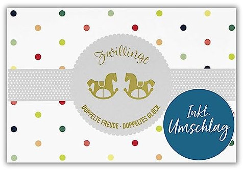 bsb Karte zur Geburt - Geburtskarte Zwillinge - schöne Karte Geburtstag mit Schaukelpferd-Motiv - Happy Birthday Karte mit Umschlag - Glückwunsch-Karte Geburt in 11,5 x 17,0 cm