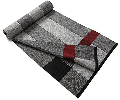 Lindoro Merinoull halsduk för män, lätt varm tartan vinter rutig långa halsdukar med presentförpackning, Svart och grå, One size