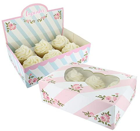 Baked with Love 6/12 Cupcake Box, Twin Pack, Afternoon Tea Cupcake Display Box & Heart Window Case to Carry and Present Tasty Treats, Includes Dual Insert for 6 Standard Cupcakes or 12 Mini Cupcakes