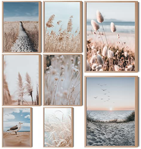 HappyArts® | Premium 8er Poster Set | Bilder Wohnzimmer Deko Schlafzimmer | Meer Strand Natur Pampasgras (ohne Rahmen)…