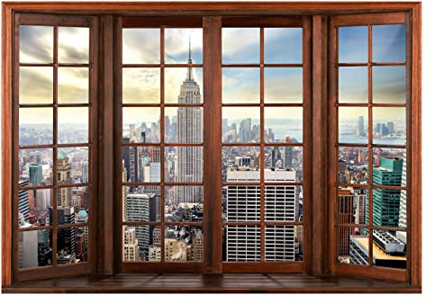 WallArena - Vlies Fototapete Fenster New York Stadt Fensterblick Ausblick 254x184 cm - Fototapeten - Tapeten - für Wohnzimmer Schlafzimmer - Vliestapete Wandtapete Tapete 3D Effekt- inkl. Kleister
