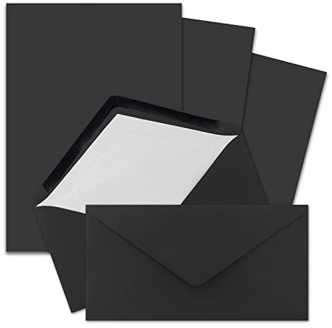 50x Briefpapier-Sets DIN A4 und DL gefütterten Briefumschlägen mit weißem Seidenfutter, Nassklebung - Schwarz - mattes Schreibpapier