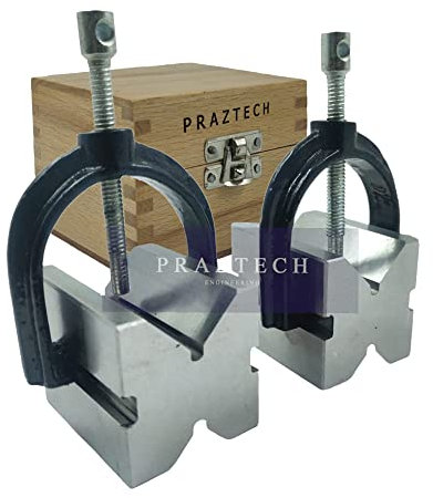PRAZTECH® Precision Engineers VEE Blocks CLAMP Set - V Block Matched Pair, 40mm x 32mm x 32mm, Clamping Capacity: 1 (25mm) in Wooden Box