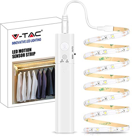 V-TAC Luce Armadio Striscia LED con Sensore di Movimento e Tasto ON OFF da 1 Metro per Illuminare Guardaroba, Mobili, Letti, Scale, Cucina – Luce Calda. 200 Lumens