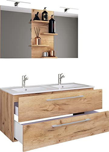 VCM Badmöbel Waschtisch 112x46x128 cm 2 Fächer Waschbeckenunterschrank | Großes Waschtisch-Set mit reichlich Stauraum - Familienbad - für große Familien - Holzwerkstoff, Waschbecken aus Keramik