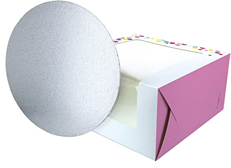 Baked with Love 90298 Confetti Pink Printed Cake Box and Board, 10 Inch Windowed Treat Box and Silver Card For Birthday, Celebrations, Parties. 10 Box and Board