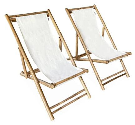 Alice's Garden - Lot de 2 chiliennes en Bambou. Toile Naturelle Polyester et Coton. Davao L110 x P60 x H94cm