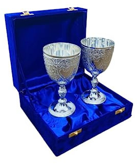 Paquete de 2 copas de vino con grabado de latón personalizable, diseño vintage con caja de terciopelo azul, taza de latón con grabado King 's Royal Chalice en relieve (acabado cromado)