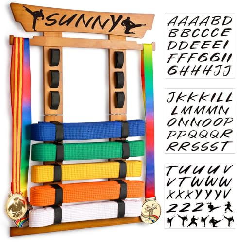 Tilhumt Karate Belt Display Rack Holder, Bamboo Taekwondo Belt Display with Stickers, Martial Arts Belt Display for 8 Belts with Medals Hanger, Ideal for BJJ Jiu Jitsu Gift (Walnut)