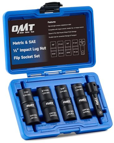 Orion Motor Tech Lug Nut Socket Set, 5pc 1/2 Drive Impact Flip Socket Set with Metric 17 19 21 22 mm & SAE 3/4 13/16 7/8 15/16 in. Sockets, Double Ended Thin Wall Nut Sockets with 3 Extension Bar
