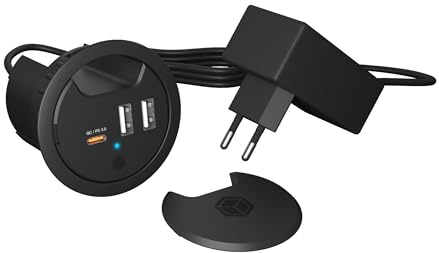 ICY BOX 3-Port Tischladegerät USB-A/-C schwarz IB-HUB1407 | 2x USB-A und 1x USB-C LadeanschlussFür 60 mm Bohrungen im Schreibtisch geeignetFarbe schwarz, praktische Tischmontage