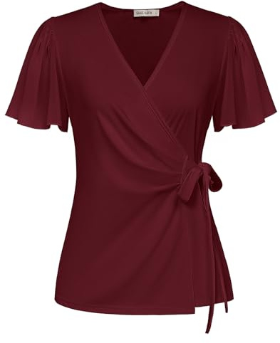 GRACE KARIN Damen Wickelbluse Elegant V-Ausschnitt Tunika Fließende Chiffon Kurzarm Oberteile Basic Loose Fit Sommer Freizeit Top
