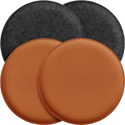 Miqio Cojín de asiento de diseño, cojín reversible redondo de fieltro y piel sintética, cojín para silla de 35 cm de diámetro, juego de 4, para banco y silla, color gris oscuro y coñac