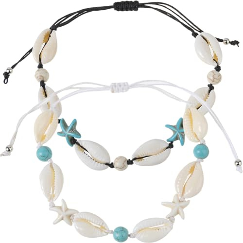 QWEPU Muschelkette, Muschelarmband, Handgemachte Stricken Frauen Armband aus natürlicher Kobaltschale, Strand Sommer Ozean Wind Einstellbare Lucky Shell Seestern Fuß Kette Armband Armband