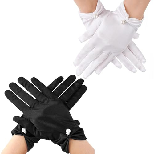 YanBous 2 Pares de Guantes Cortos de Satén para Mujer - Guantes Elegantes de Novia con Muñeca de Encaje Floral para Bodas, Ópera, Cena de Verano (Blanco/Negro)