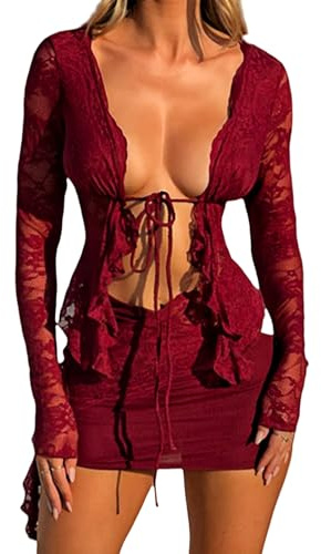 Oheyeseker Top Sexy Manica Lunga Camicetta Sottile Blusa in Pizzo Elegante Coulisse Maglietta Trasparente con Scollo a V Wine-XL