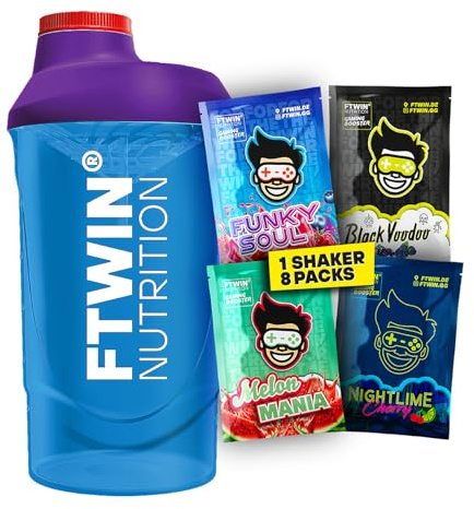 FTWIN® Nutrition Gaming Booster Probier-Pack | 2 x 4 Geschmackssorten + 1 Shaker – ideal zum Testen! 8 vegane Portionen