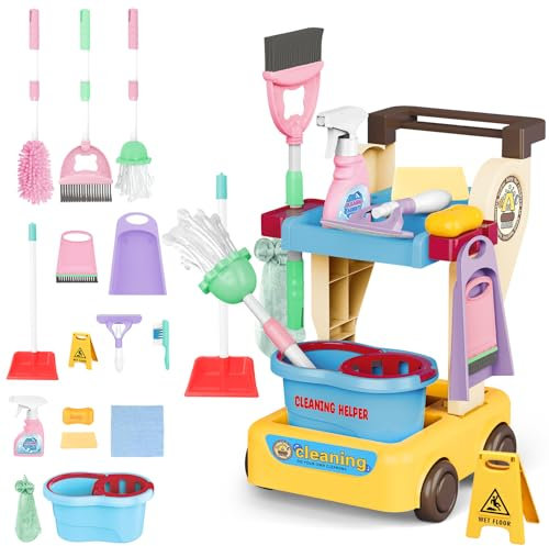 deAO 16-Teiliges Putzwagen Set für Kinder, Kinderreinigungswerkzeuge mit Wagen, Handstaubsauger, Mop, Handfeger, Eimer, kehrschaufel, Besen, Haushaltsspielzeug für Mädchen Jungen ab 3 Jahren (Gelb)