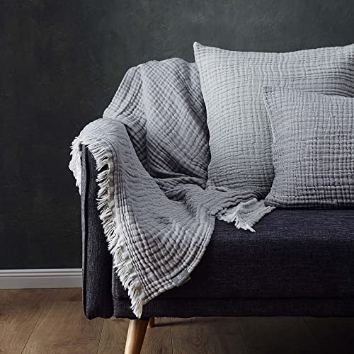 URBANARA Musselin-Decke Couco - 100% Baumwolle, Hellgrau/Grau, Gauze mit Stonewashed Effekt - 130x190 cm, Krabbeldecke Sofadecke Kuscheldecke - Oeko Tex 100 Zertifiziert