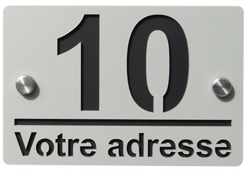 Plaque Numéro de Maison Moderne, Acrylique et Aluminium noir Anodisé, Personnalisable avec Numéro et Adresse (Argent)