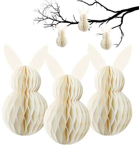 LUMOOM 3 pezzi decorazione Pasqua palle a nido d'ape, coniglio pasquale in carta pieghevole, coniglio a nido d'ape in carta seta, coniglietti pasquale da appendere per esterni, riutilizzabili (bianco)