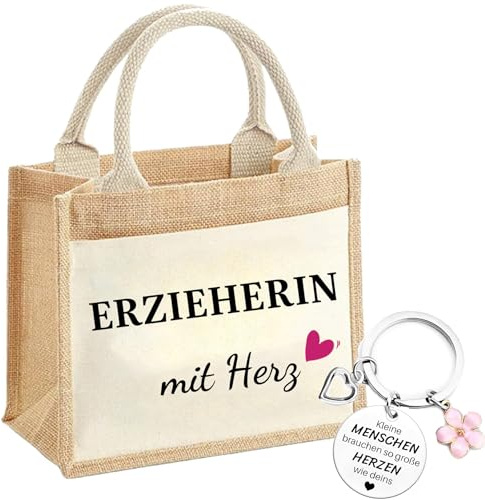 jenich Erzieherin Geschenk Erzieherin Jutetasche Erzieherin mit Herz | Erzieherin Schlüsselanhänger Erzieherin Lehrerin Abschiedsgeschenk Weihnachtsgeschenke Danke Geschenk für Erzieherin Frauen