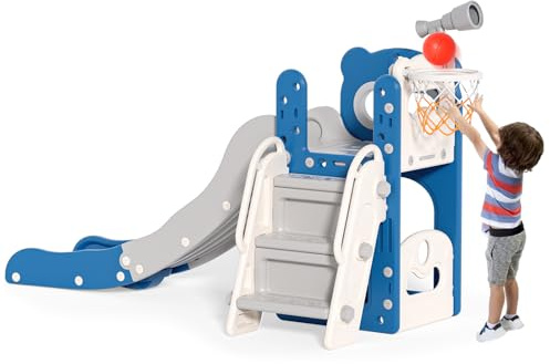 Kinderrutsche, Verdickte und verbreiterte Kinderrutsche, 170 cm extra Lange Rutschbahn Kleinkinderrutsche freistehend Babyrutsche Spielplatzgeräte, Kinderrutschen für Draußen (Blau Grau-5IN1-WPX)