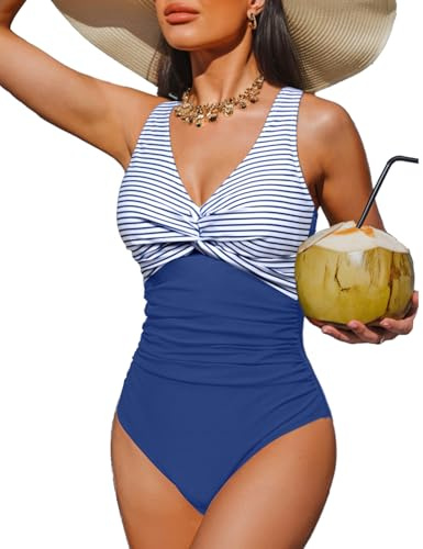 Holipick Damen-Badeanzug, Bauchkontrolle, einteilig, Push-Up-Badeanzug, volle Abdeckung, schlankmachende Bademode, Blau gestreift, Medium