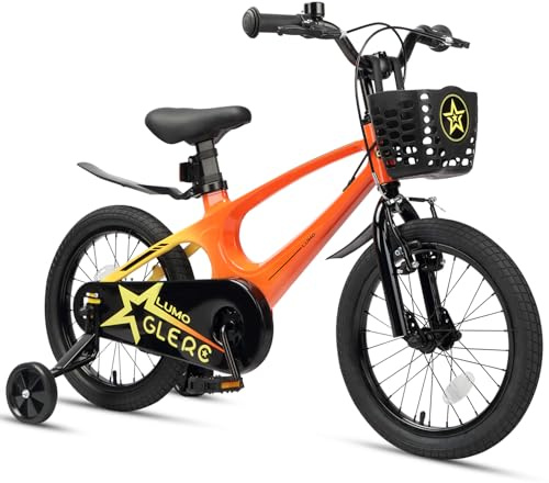 Glerc Lumo 16 Zoll Kinderfahrrad für Jungen 5 6 7 8 Jahre, Leichtbau-Rahmen aus Magnesiumlegierung Verstellbarer Lenker & V-Brake Bremsen & Stützräder &Korb, Orange-Gelb