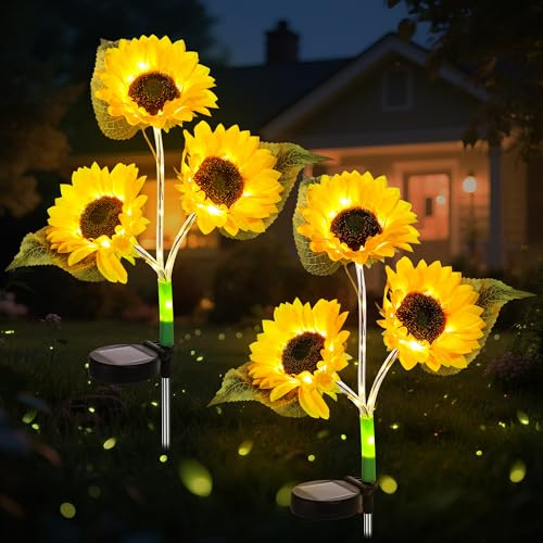 2 st solros solcellslampor för utomhusbruk, 60 LED soldekoration för utomhusbruk, trädgård, trädgårdsdekoration för utomhus, väderbeständig, terrassdekoration, solblommor, 3-i-1 solros solcellslampor