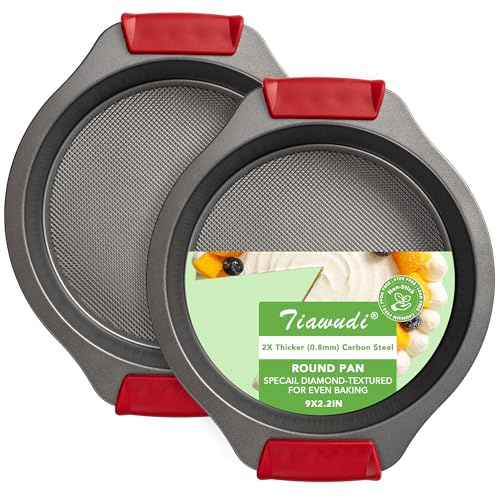 Tiawudi 9 Round Cake Pan Set of 2, 0.8mm Thick Heavy Duty Bakeware for Tiered & Layered Cakes, Nonstick Baking Pan with Diamond Texture for Even Heating, Cake Mold with Silicone Grip Handles