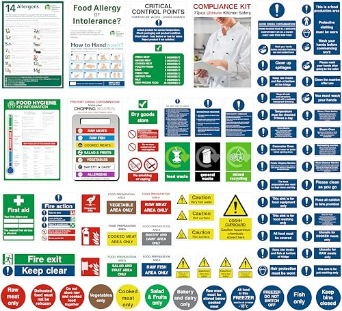 Kitchen Safety Signs, Ultimate kit, 77pcs, Self Adhesive Vinyl, Allergens, Recycling decals, Safety, cover all, Health & Safety Compliant, Waterproof -Oil proof, Food Hygiene, Sign for Kitchens