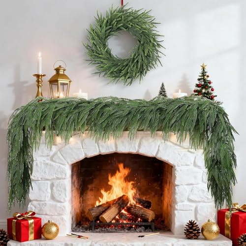 Lishetimig 9FT Real Touch Norfolk Pine Garland, Christmas Garland, Norfolk Pine Garland Green for Holiday, Fireplace, Mantle, Window, Stairs, Indoor, Outdoor Decor (1)