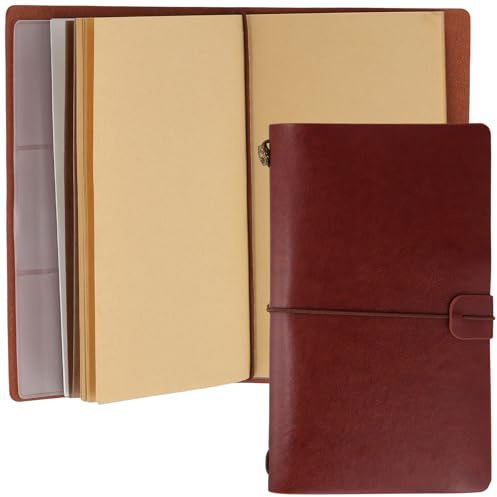 SINJEUN Lot de 2 carnets de notes rechargeables en cuir marron avec papier kraft vierge et pochette en PVC - 20 x 12 cm - Pour le travail, l'enregistrement, les voyages, journal intime