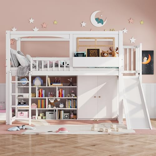 Trdlpyn Letto a Castello per Bambini 90x200cm con Scivolo e Armadio, Ripiani Integrati, Letto a Soppalco con Rete a Doghe, Ampio Spazio Contenitivo, Struttura in Pino Massiccio(Senza Materasso)