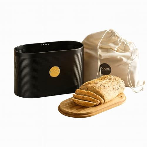Cooks Professional Ribbed Bread Bin with Linen Bag & 2-in-1 Bamboo Cutting Board Lid | Modern, Stylish & Breathable Countertop Food Storage Canister for Loaves, Rolls, Pastries | Black & Gold