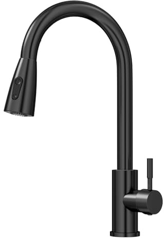Amdoticknpf Robinet de Cuisine en Acier Inoxydable Extensible, Mitigeur Pivotant à 360°, Robinets Evier de Cuisines avec Douchette Extractible 2 Modes de Pulvérisation, Acier Inoxydable Mat Noir