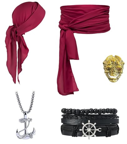 fshxj Piratenkostüm,5pcs PiratenkostüM Accessoires Set,Hüfte Tuch,Kopftuch,Halskette,SchäDel Ring,Armband,FüR Damen Herren Kinder Halloween Karneval Mittelalter Party BüHne