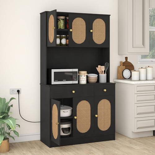 GIANTEX Credenza Buffet da Cucina, Armadio Alto con Ante in Rattan PE, 2 Cassetti e Stazione di Ricarica, 100 x 40 x 180 cm, Mobile Ausiliario in Legno per Sala da Pranzo, Soggiorno, Nero/Bianco