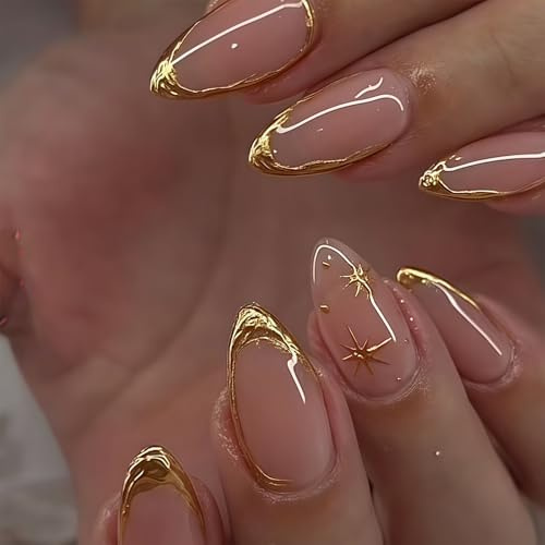 Bubaxuce Ongles Pressés Amande Faux Ongles Avec Ligne Dorée Design Ongles Collants Ongles Acryliques Brillants Couverture Complète Autocollants Pour Femmes 24