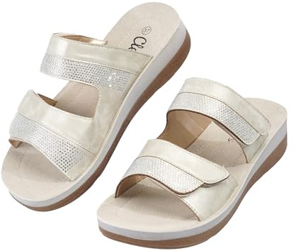 CLEIKS Donna Sandali Aperti con Plantare Sandali Chiusura a Strappo Comode Sandalette Estate Eleganti Scarpe Estive Regalo per la Mamma (Beige, 37 EU, WCL260434-7)