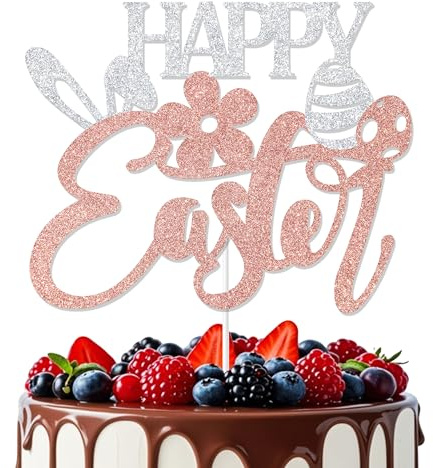 Aumccxz Happy Easter Cake Topper Easter Cake Decoration for Spring Bunny Baby Shower Birthday Party Decorations Silver & Rose Gold
