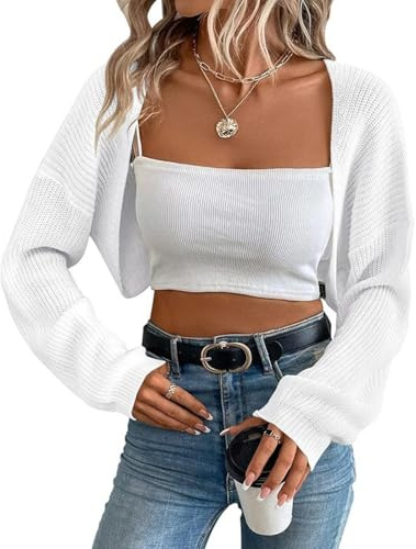 Womens Knit Bolero Shrug Cardigan Long Sleeve Open Front Cropped Cardigans Solid Color Casual Going Out Tops (White,Large)
