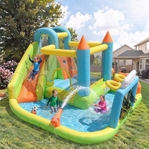 Castillo hinchable para niños, 360 x 320 x 200 cm, castillo hinchable para niños de 3 a 10 años, con soplador, con tobogán, red de fútbol, canasta de baloncesto, inflable.