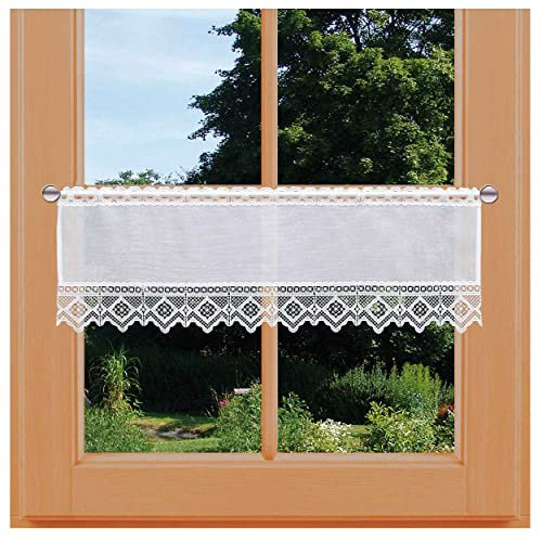 Landhausgardine Luisa Feenhausgardine Vogtländische Spitze | Scheibenhänger mit Stickereikante weiß | klassisch-moderne Spitzengardine mit gestickten Ornamenten | Sockelstore HxB 35 x 67 cm