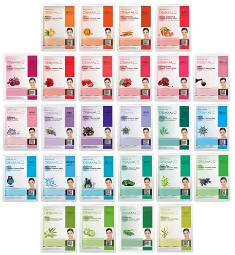 DERMAL 26 Combo Pack Collagen Essence Korean Face Mask (Red & Green) - Hydrating & Soothing Facial Mask with Panthenol - Hypoallergenic Sheet Mask for All Skin Types - Natural Home Spa Treatment Mask