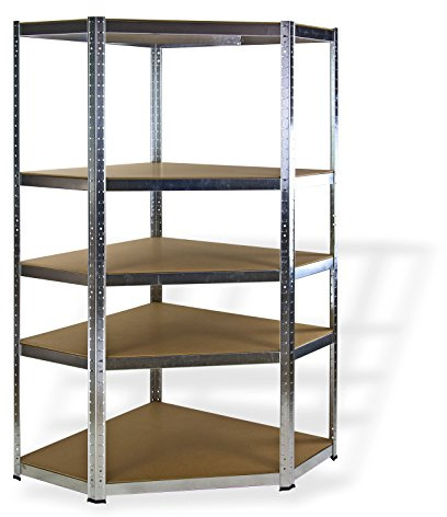 DEMA Eck-Steckregal 90x90x180 cm - Eckregal, Kellerregal, Lagerregal, verzinkt, 5 Holzböden - stabil, langlebig, einfach aufzubauen - Keller, Garage, Werkstatt, Lager, Haushalt